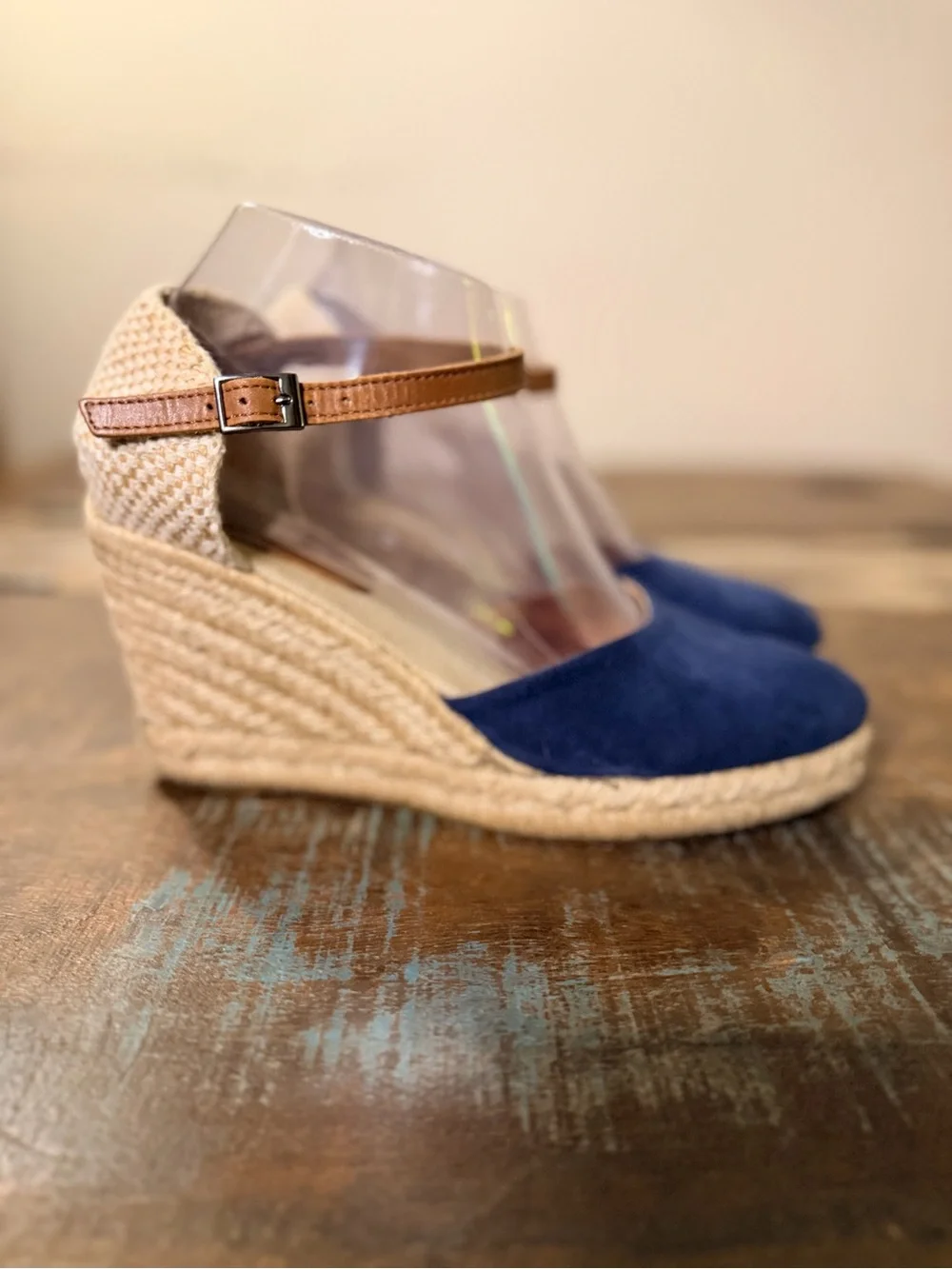 Navy Wedge Espadrille Sandals with Brown Ankle Strap